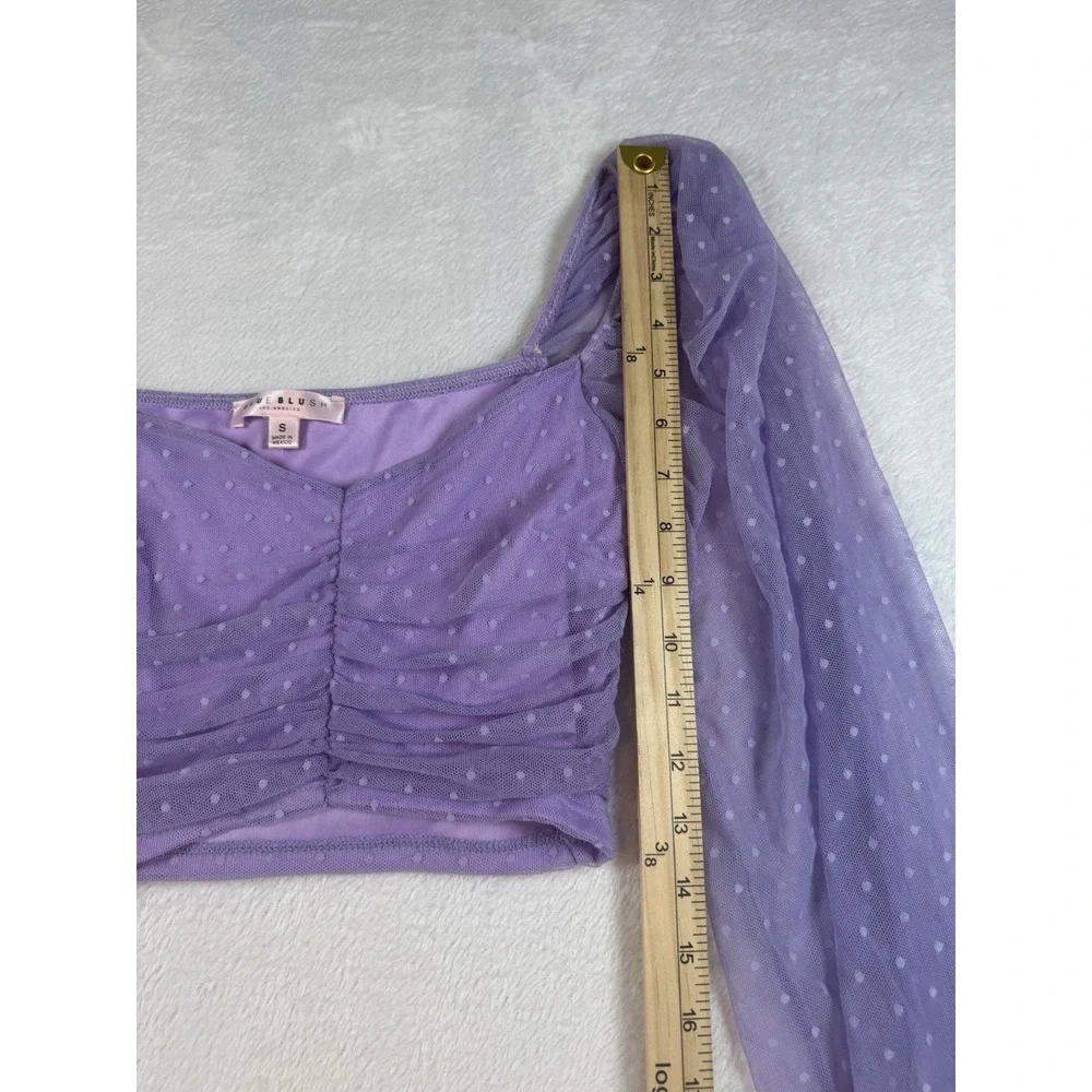 Lavender Mesh Crop Top Puff Long Sleeves Polka Dot Women's Fairycore Coquette Sm